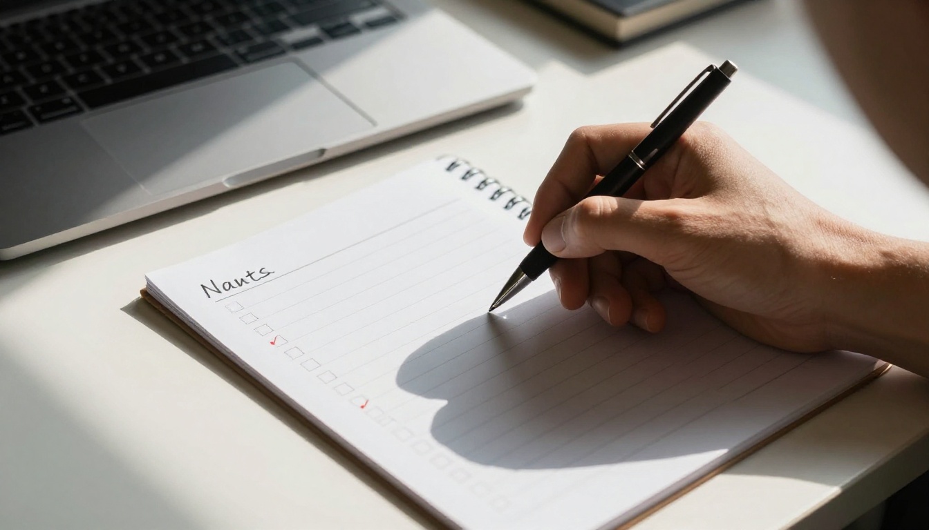 A hand ticking items on a checklist beside a laptop