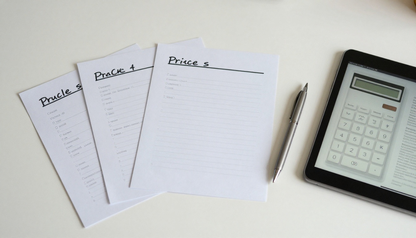 Overhead view of price cards, calculator and tablet on a white desk