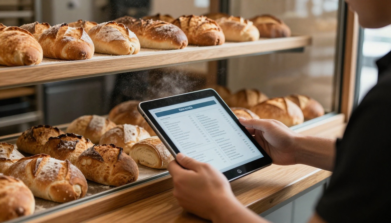 Bakery owner holding a tablet with a digital menu