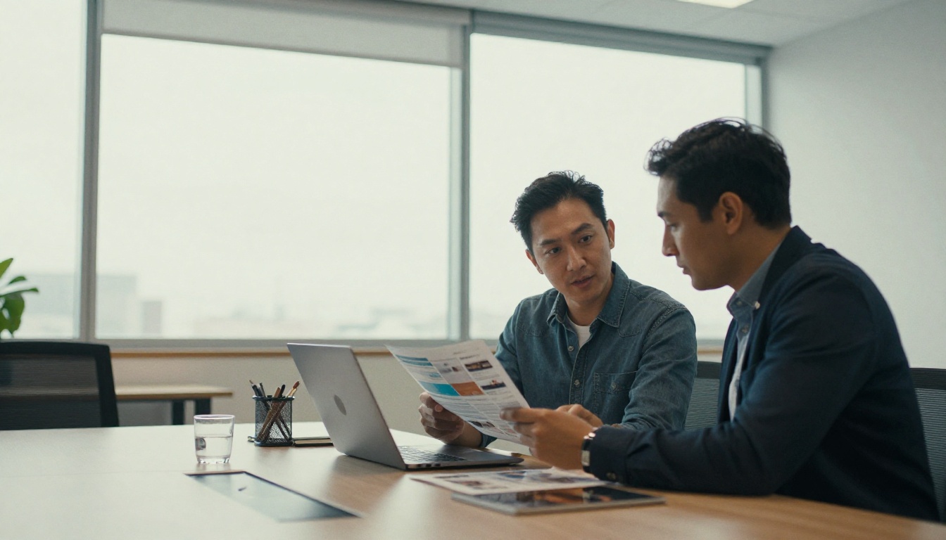 Two colleagues reviewing a printed brochure in a small office