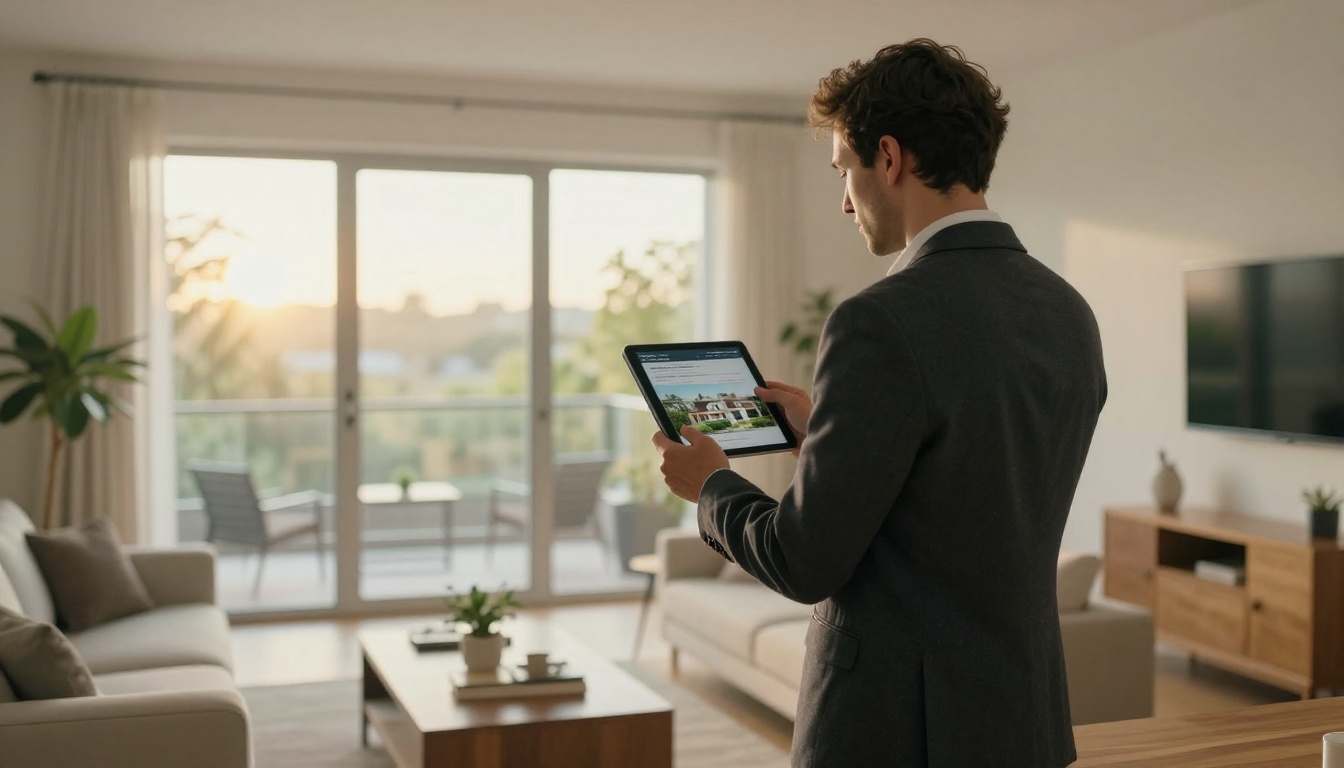 Real estate agent holding a tablet in a living room
