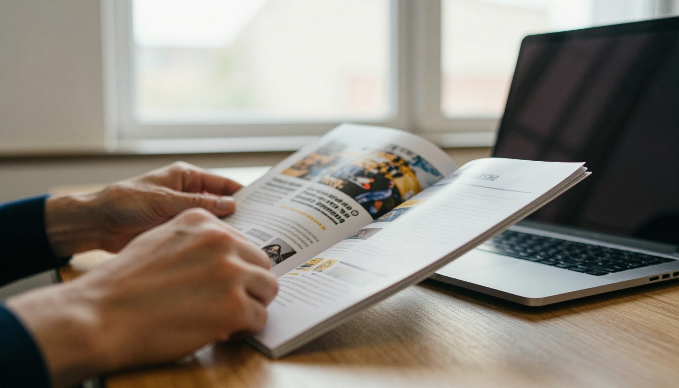 A marketer turning the pages of a printed brochure next to an open laptop in a bright agency office A marketer turning the pages of a printed brochure next to an open laptop in a bright agency office