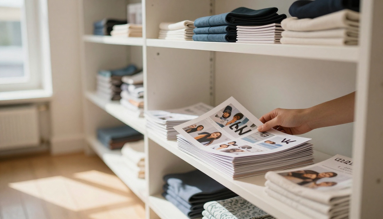 Boutique owner arranging printed catalogs on a shelf