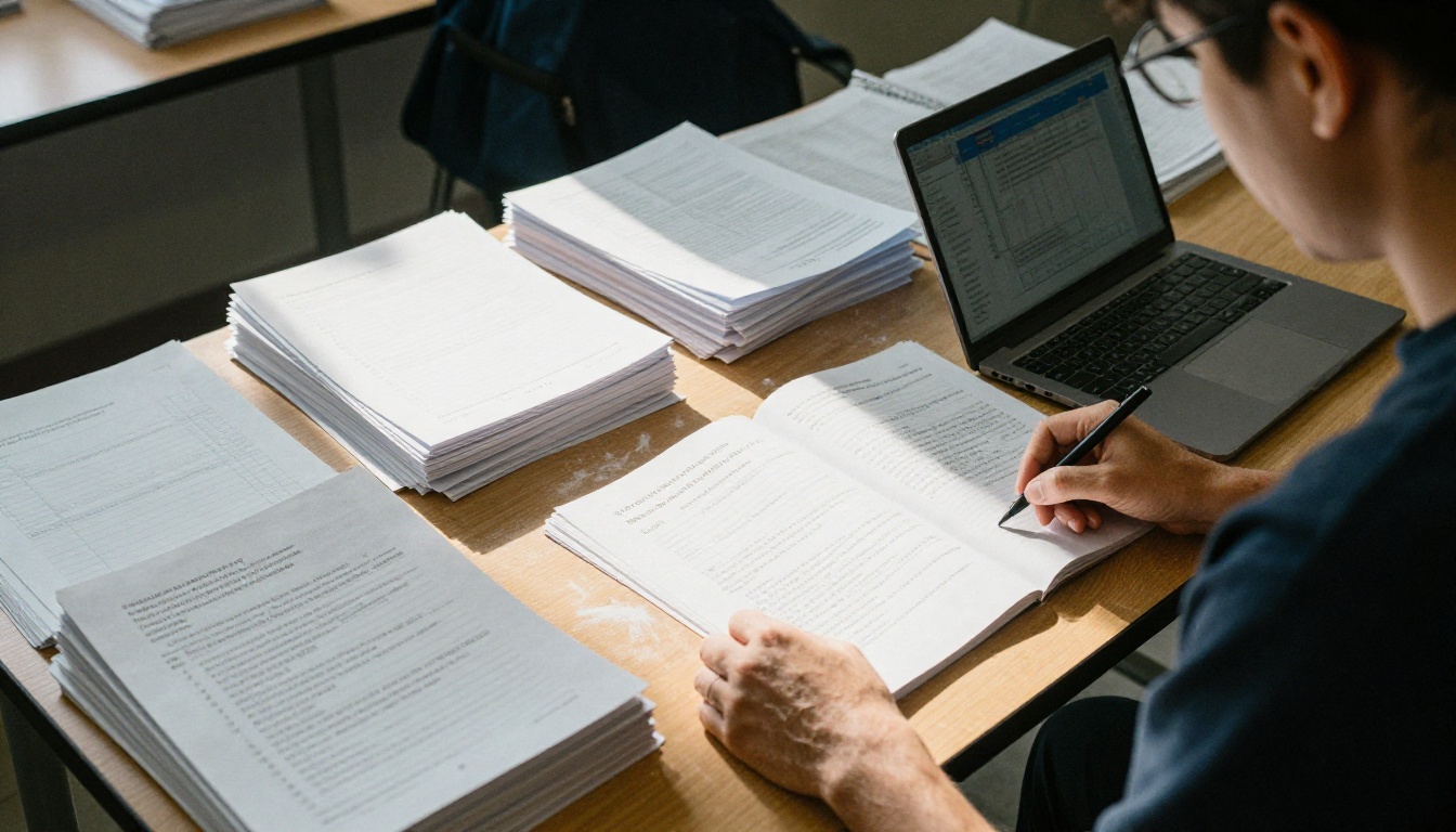Teacher at a classroom desk with printed course handouts