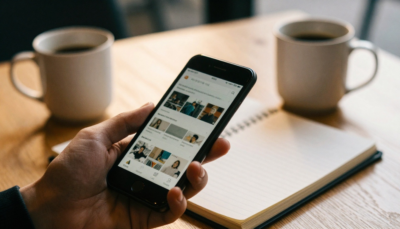 A freelancer holding a smartphone showing a digital catalog beside a notebook on a cafe table A freelancer holding a smartphone showing a digital catalog beside a notebook on a cafe table