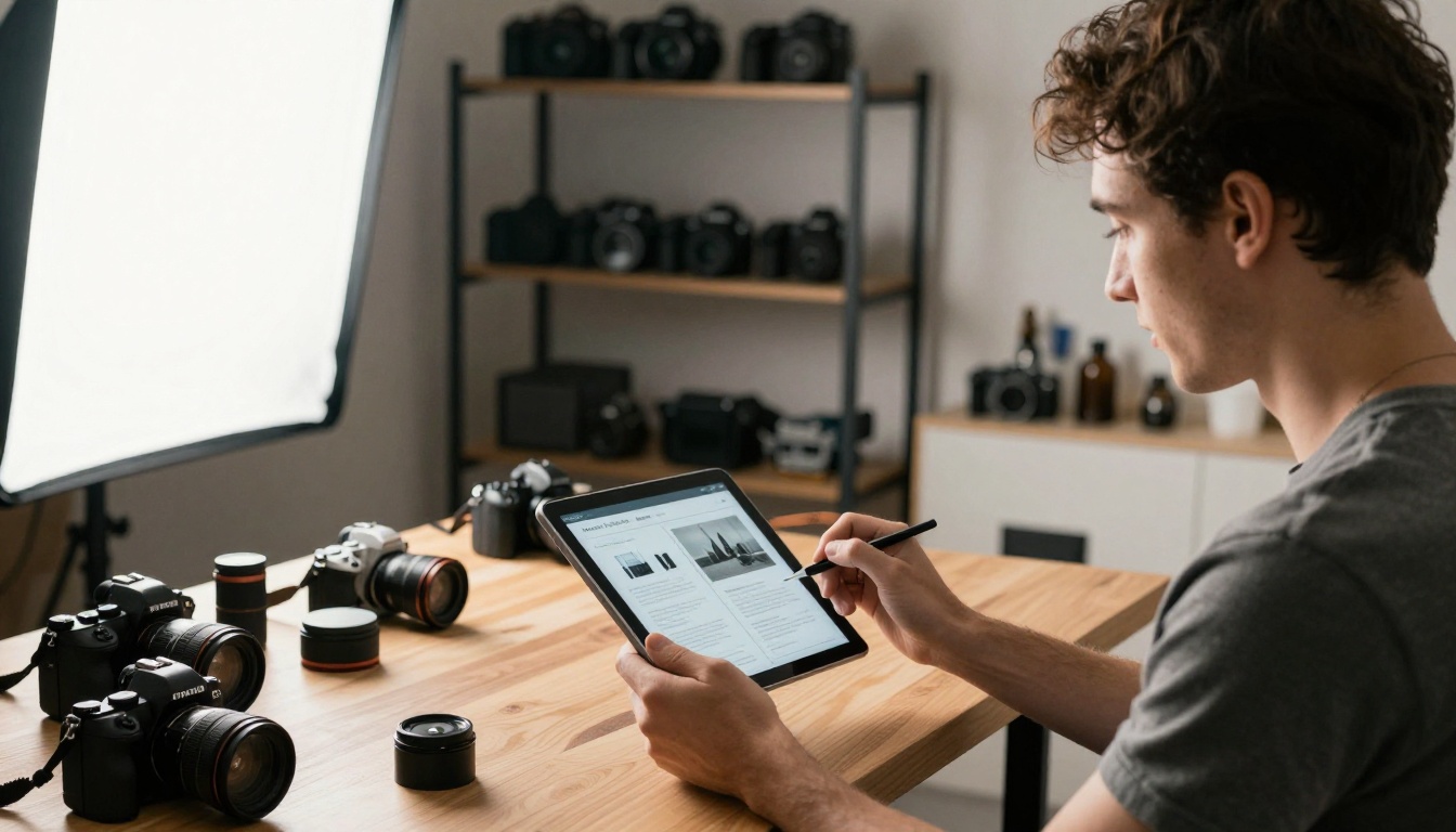 Photographer presenting a portfolio on a tablet to a client