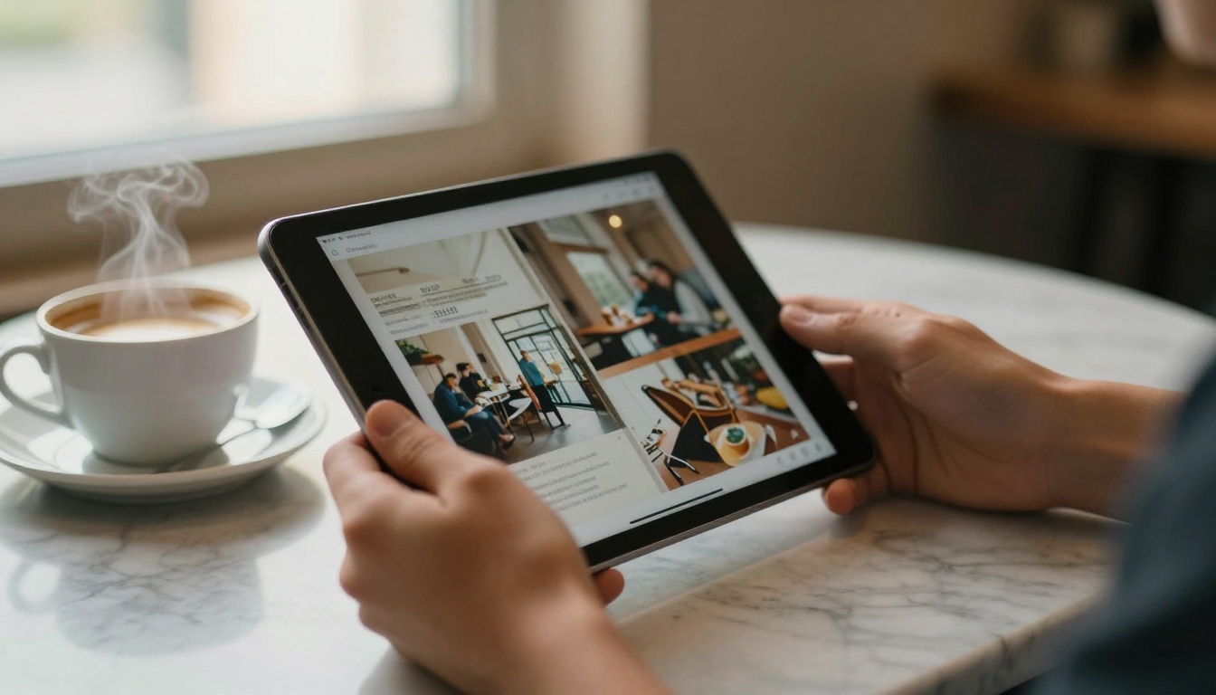 Hands holding a tablet with a digital magazine in a cafe