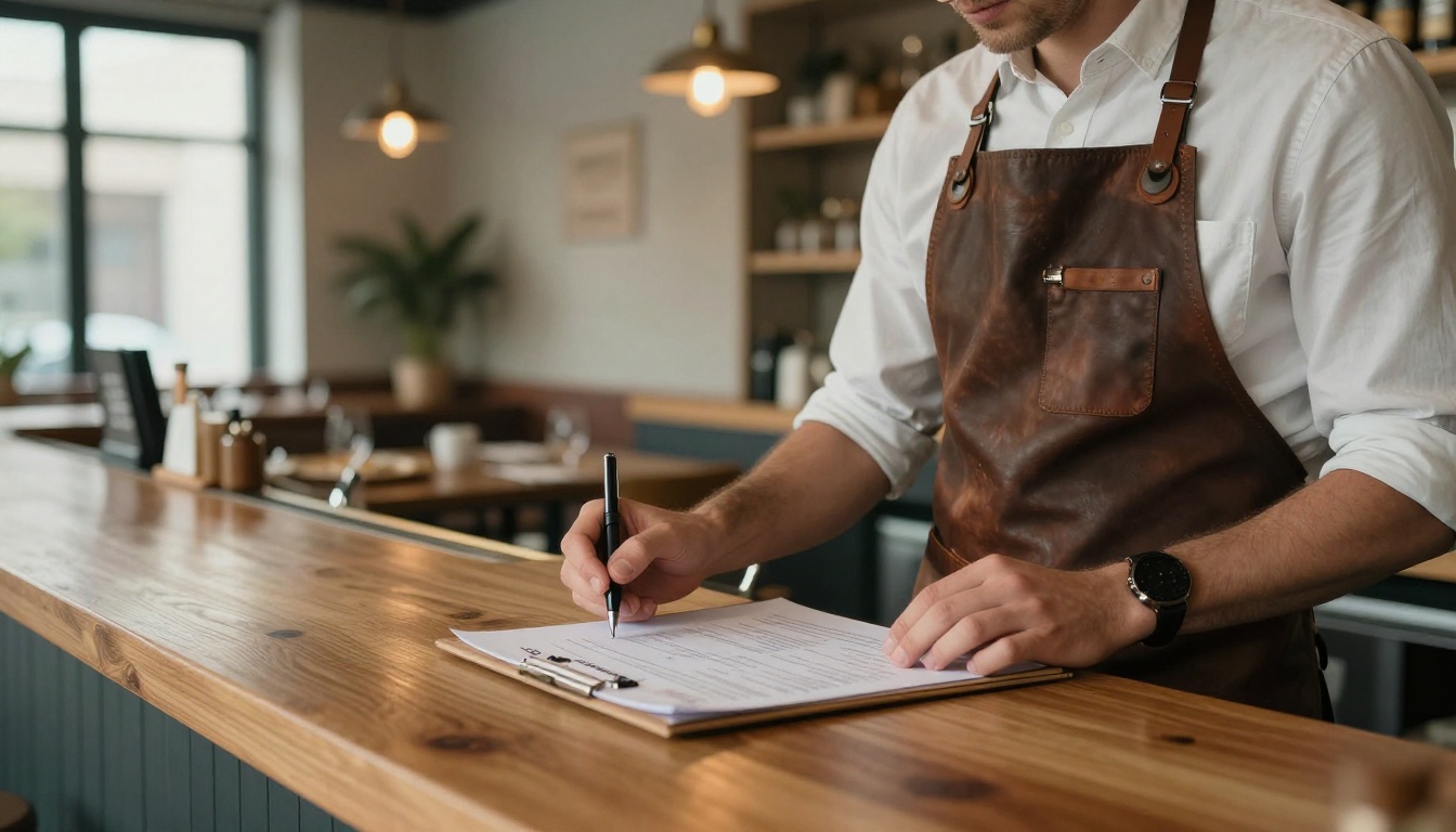 A restaurant owner reviewing a printed menu proof with a pen at a bar counter A restaurant owner reviewing a printed menu proof with a pen at a bar counter