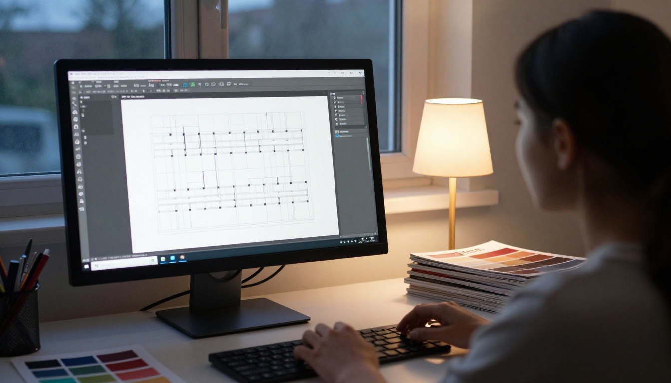 A designer at a large monitor with a blurred page layout beside color swatches and magazines A designer at a large monitor with a blurred page layout beside color swatches and magazines