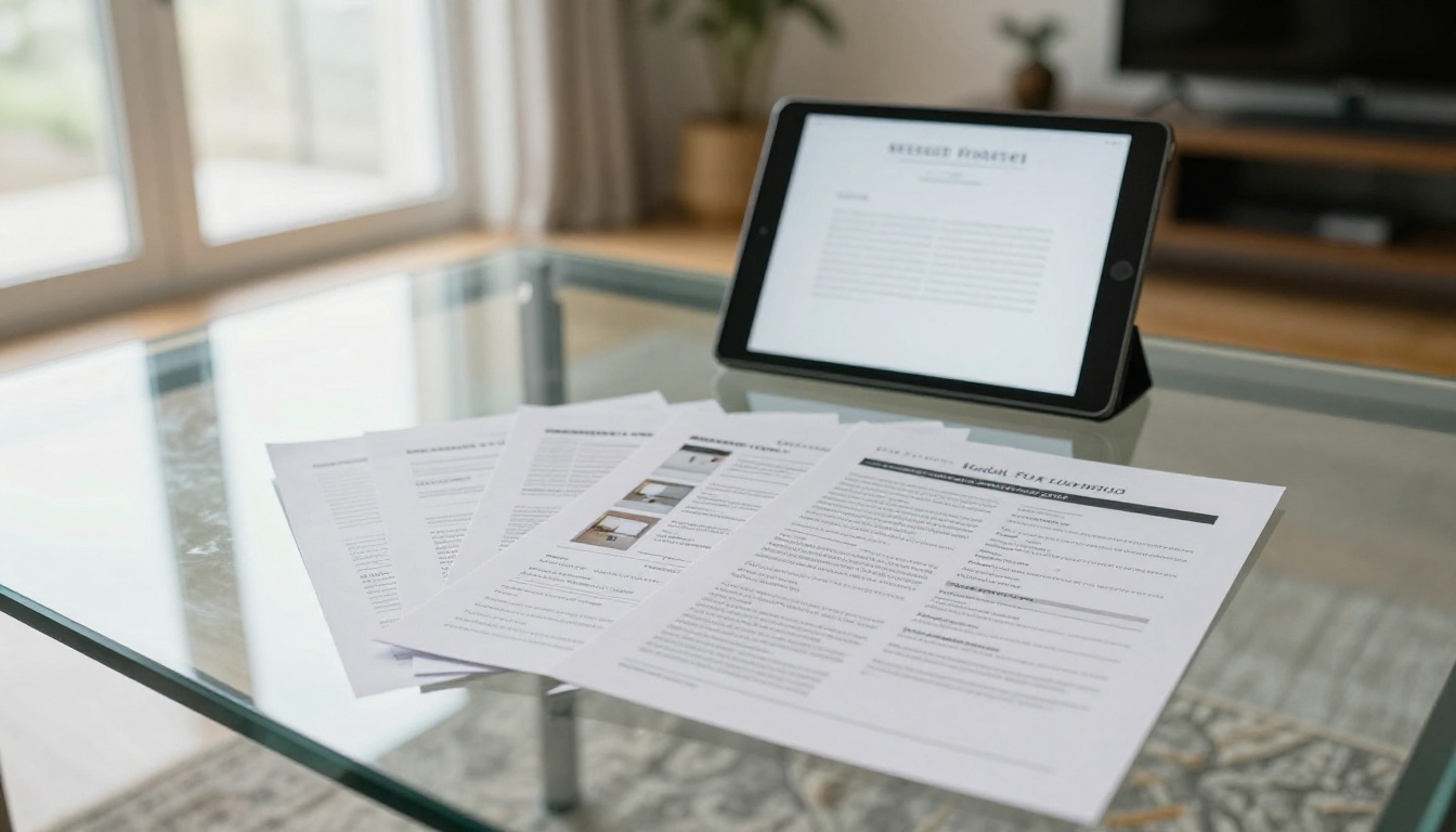 A real estate agent at a glass table with printed property brochures fanned out and a tablet A real estate agent at a glass table with printed property brochures fanned out and a tablet