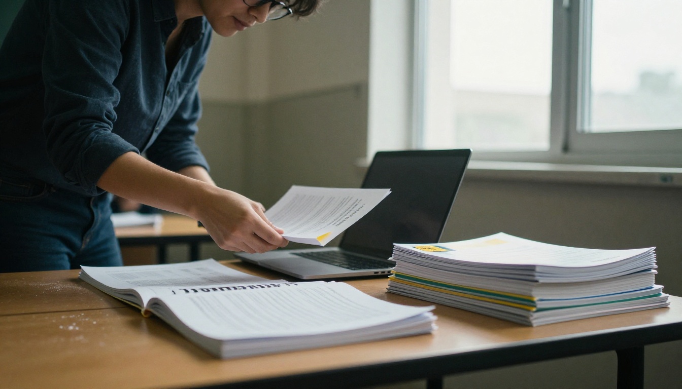 A teacher at a classroom desk preparing a course booklet with a laptop and stacked workbooks A teacher at a classroom desk preparing a course booklet with a laptop and stacked workbooks