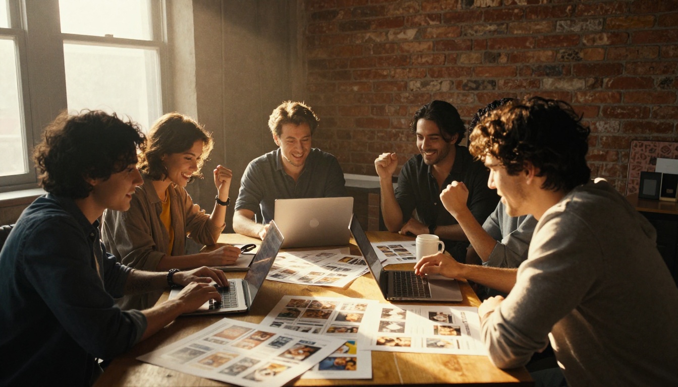 A small team celebrating around a table in a sunlit loft studio with laptops and printed flipbook proofs A small team celebrating around a table in a sunlit loft studio with laptops and printed flipbook proofs