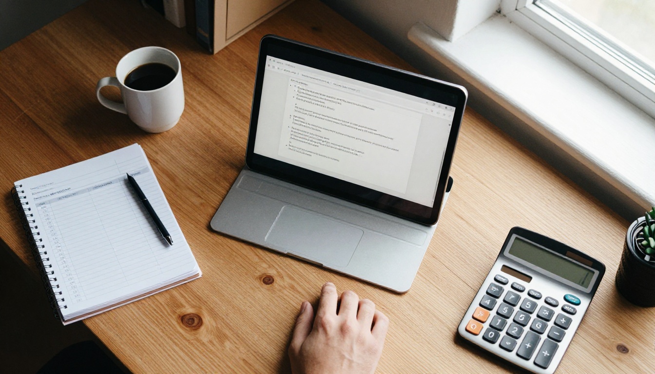 Top-down desk with tablet showing a digital flipbook, notebook and calculator Top-down desk with tablet showing a digital flipbook, notebook and calculator