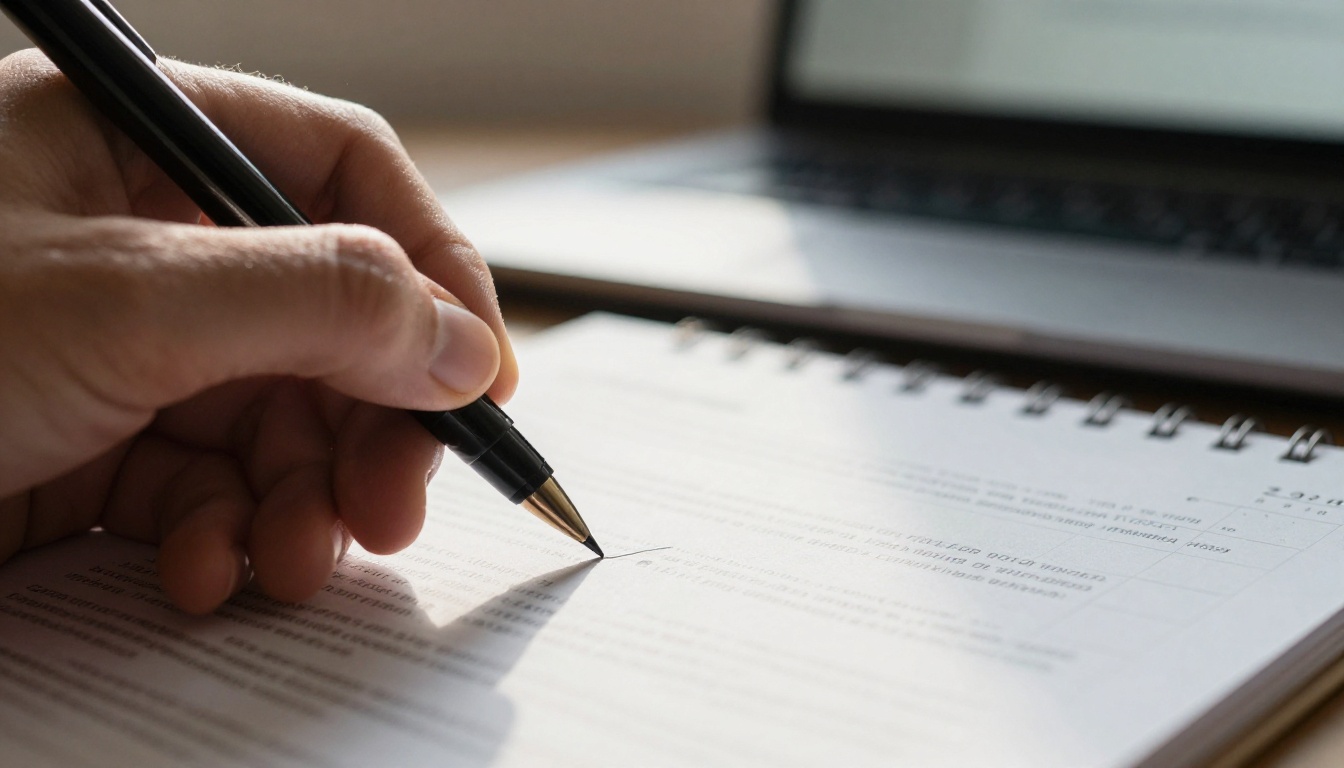 A hand signing a document beside a laptop and a calendar page with soft rim light A hand signing a document beside a laptop and a calendar page with soft rim light