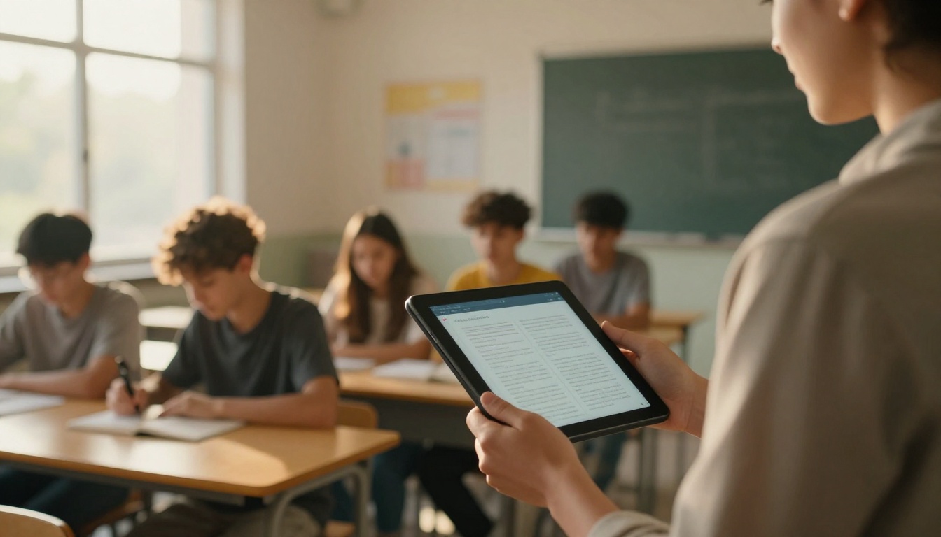 Teacher in a sunlit classroom holding a tablet showing a digital textbook Teacher in a sunlit classroom holding a tablet showing a digital textbook