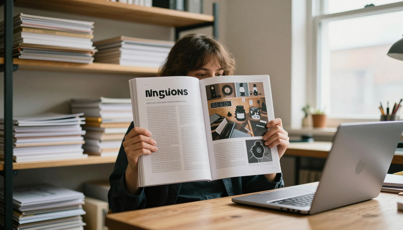 Small press owner holding a finished magazine beside a laptop Small press owner holding a finished magazine beside a laptop