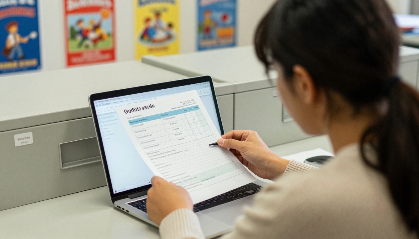 Office manager reviewing a subscription invoice on a laptop Office manager reviewing a subscription invoice on a laptop