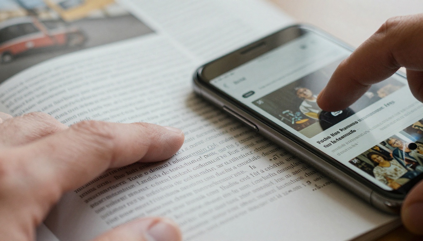 Hand turning a printed magazine page next to a phone showing a digital flipbook Hand turning a printed magazine page next to a phone showing a digital flipbook