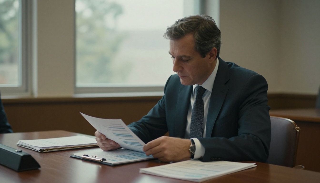 School principal reviewing a budget folder at a meeting table School principal reviewing a budget folder at a meeting table