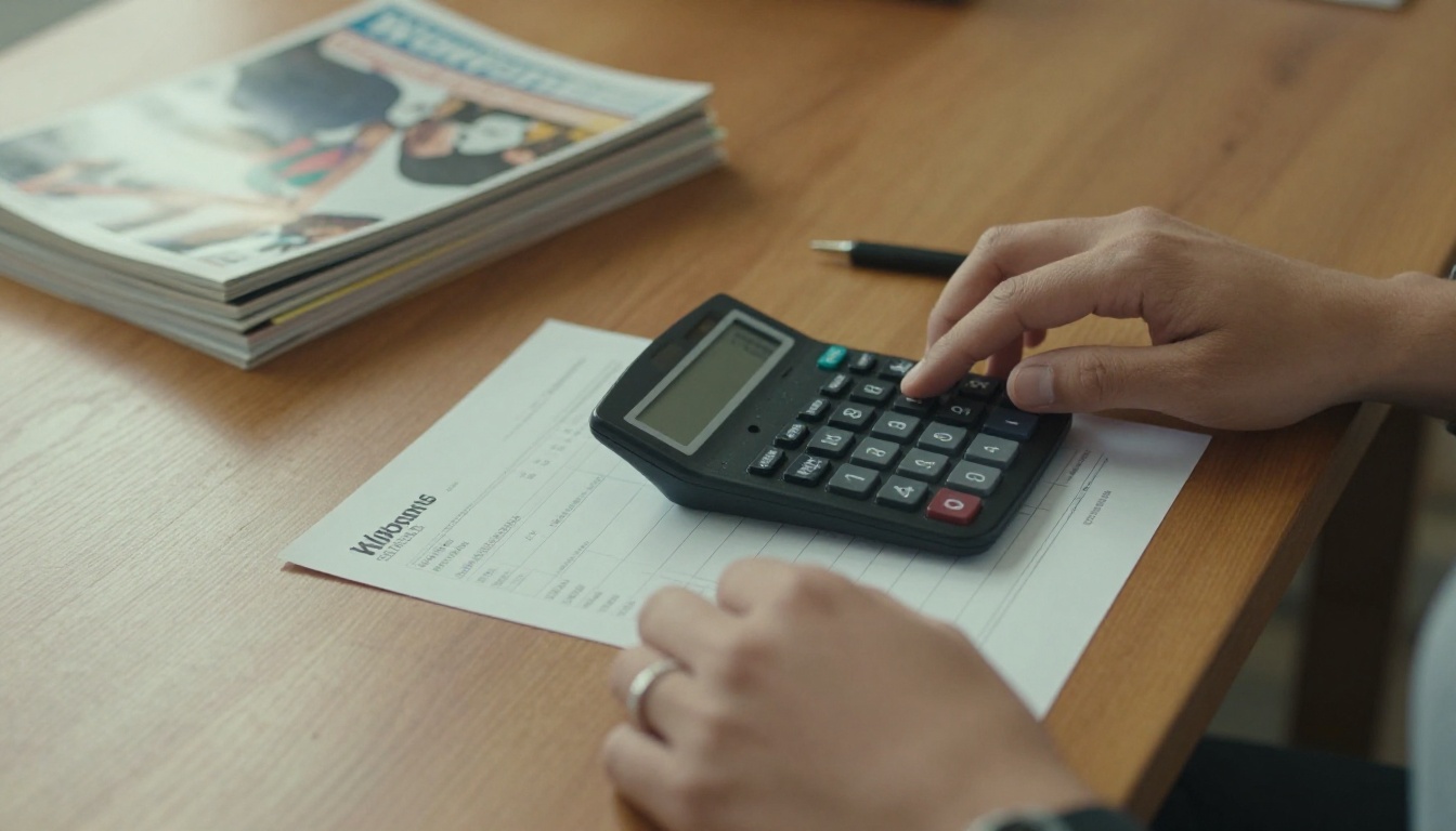 Hands with calculator and invoice beside magazine proofs