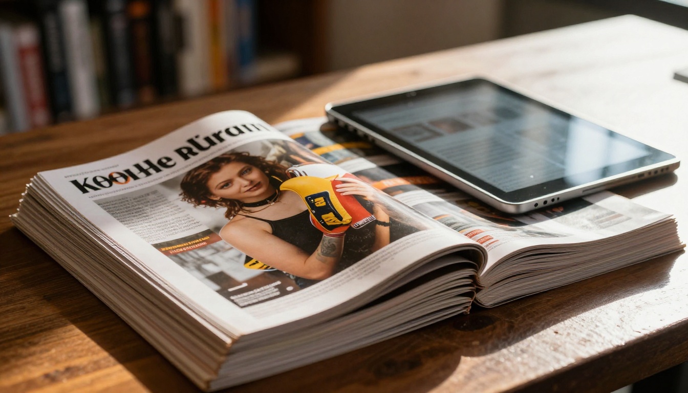 Stack of printed magazines with a tablet on a cafe table