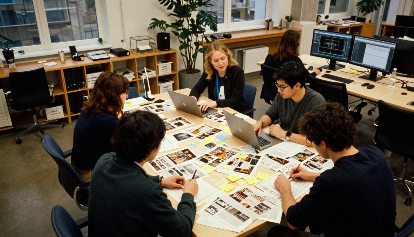 Wide aerial view of editors around a table of magazine spreads