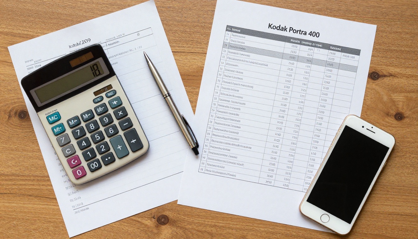 Desk with calculator, receipts and a printed pricing comparison
