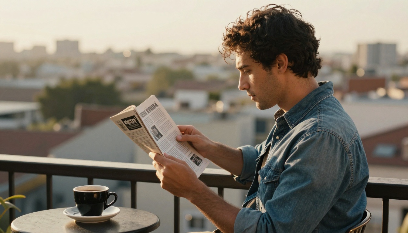 Man in a denim shirt reading a printed magazine on a balcony