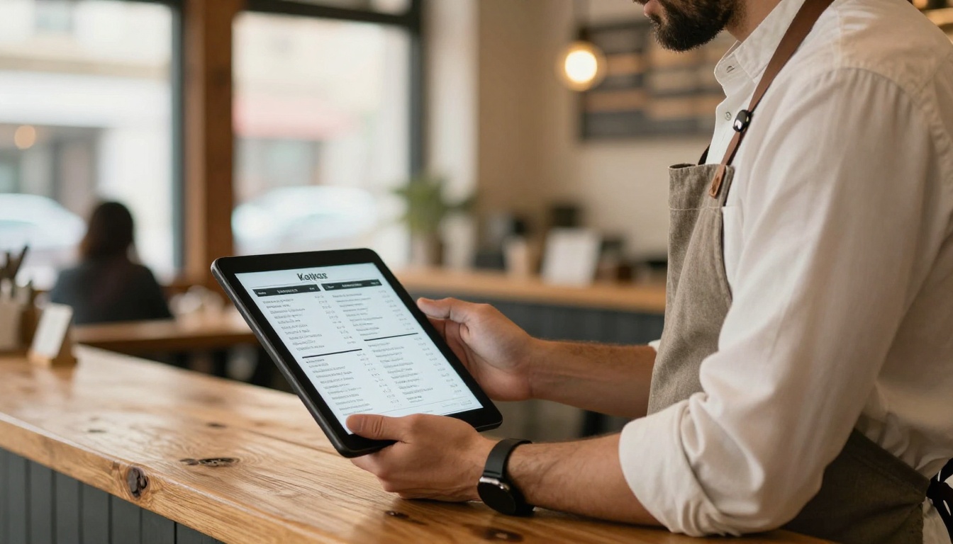 Restaurant owner showing a digital menu on a tablet at a wooden counter