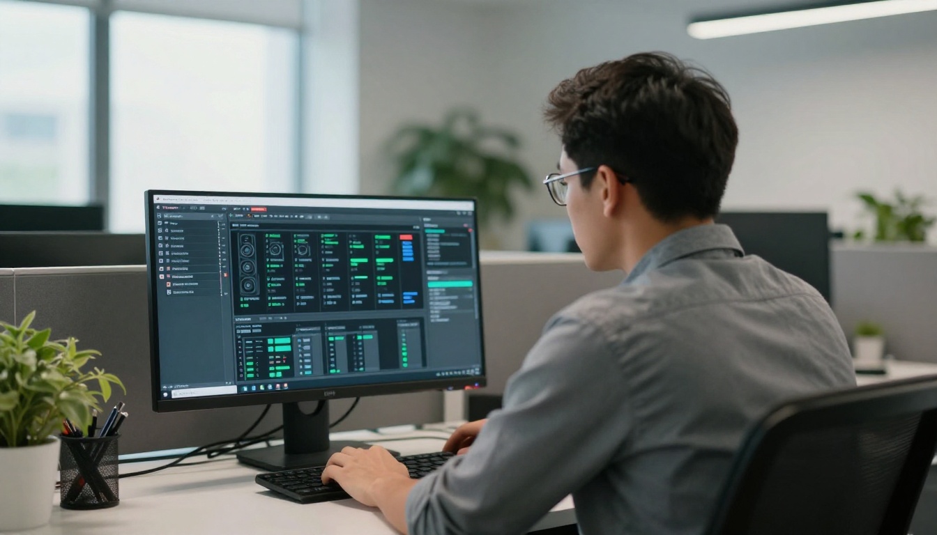 IT manager reviewing a dashboard on a monitor in a corporate office