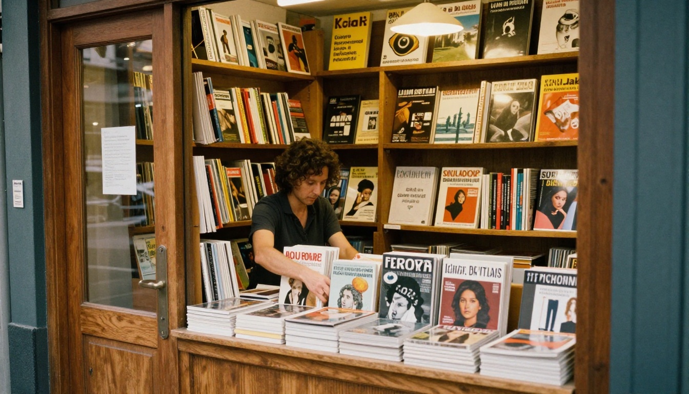 Bookshop owner arranging independent magazines on a rack
