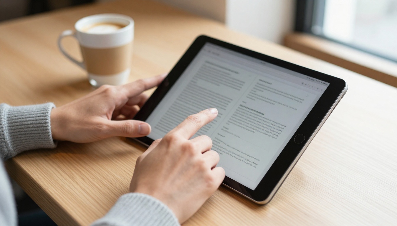 Woman scrolling a digital publication on a tablet in a café