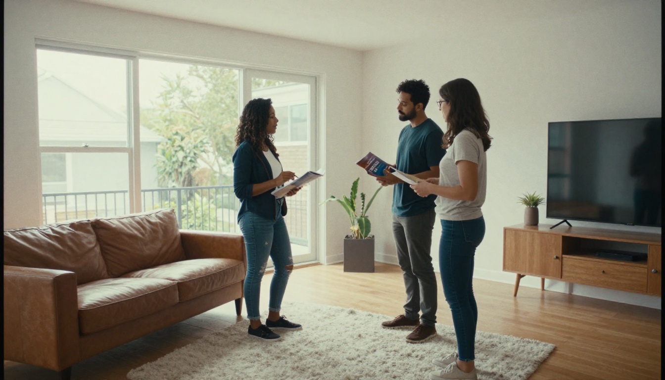 Real estate agent showing a glossy brochure to a couple in a living room