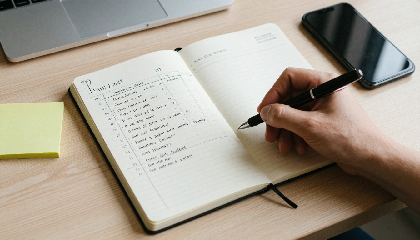 Overhead budget notebook with sticky notes and a phone