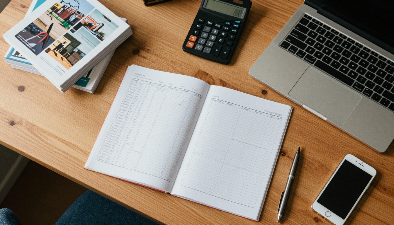 Aerial view of a desk with a budget sheet, calculator and catalogs