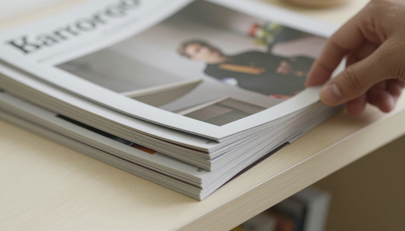 Stack of magazines and catalogs on a shelf with a hand pulling one out