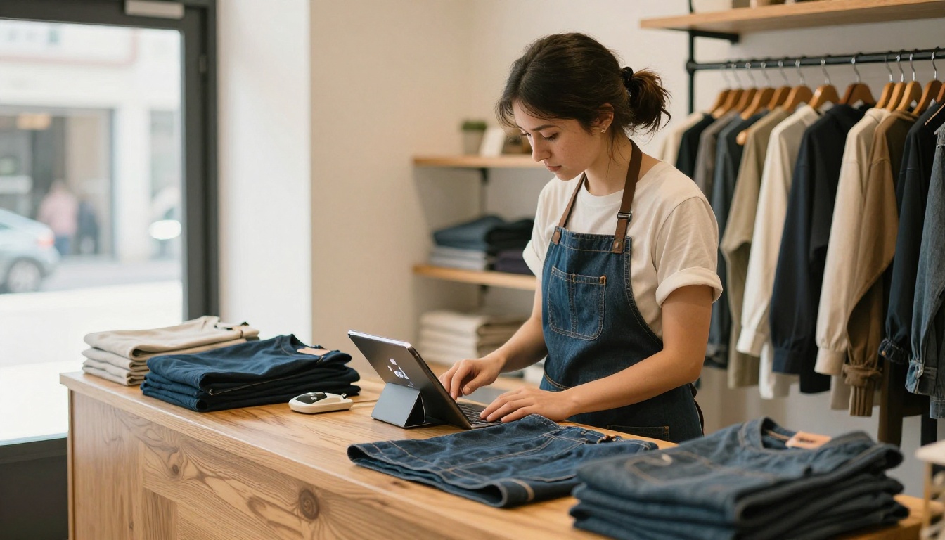 Boutique owner at a counter with a tablet showing a digital lookbook