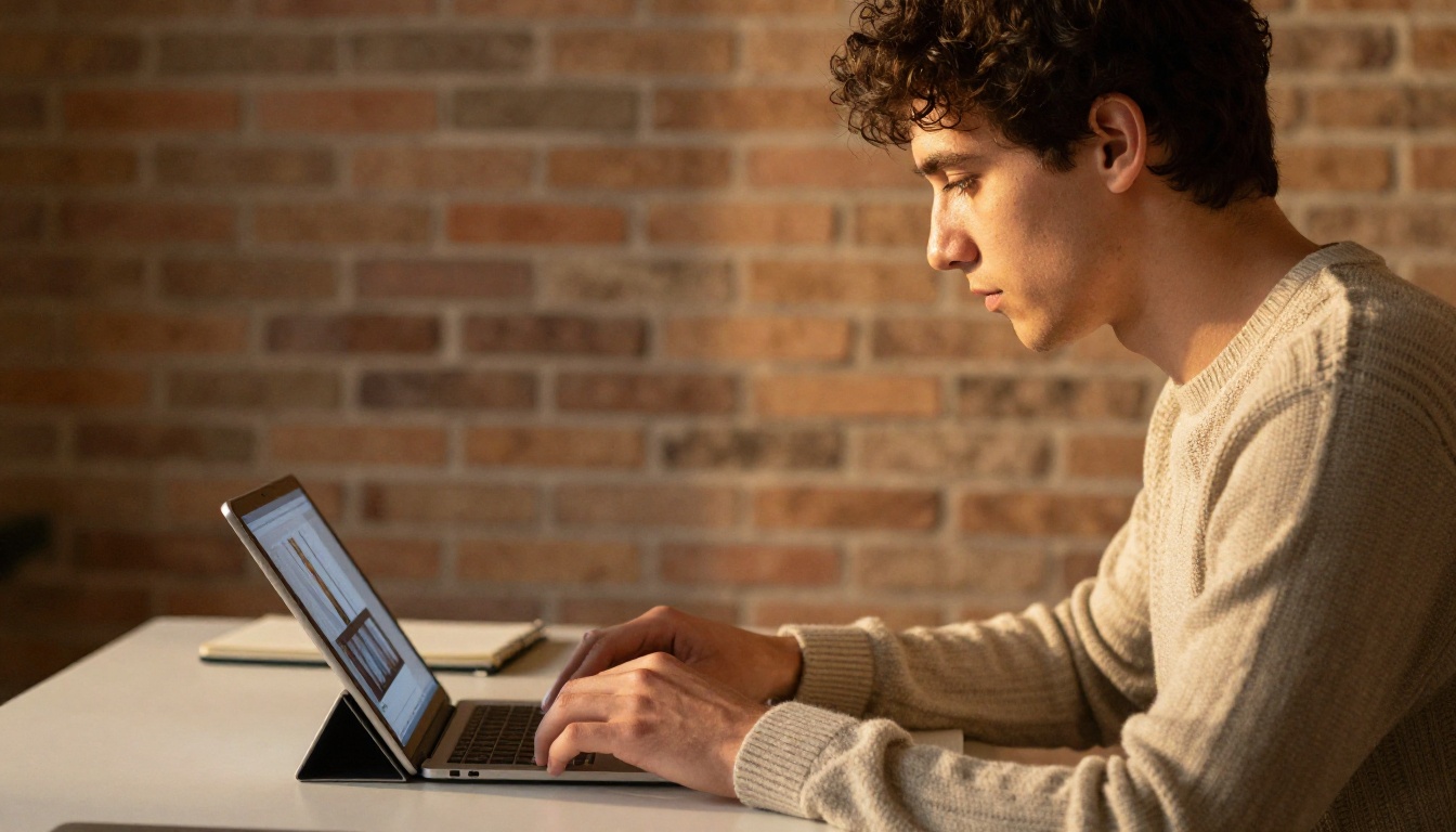Man reading a digital publication on a tablet at a standing desk in a loft