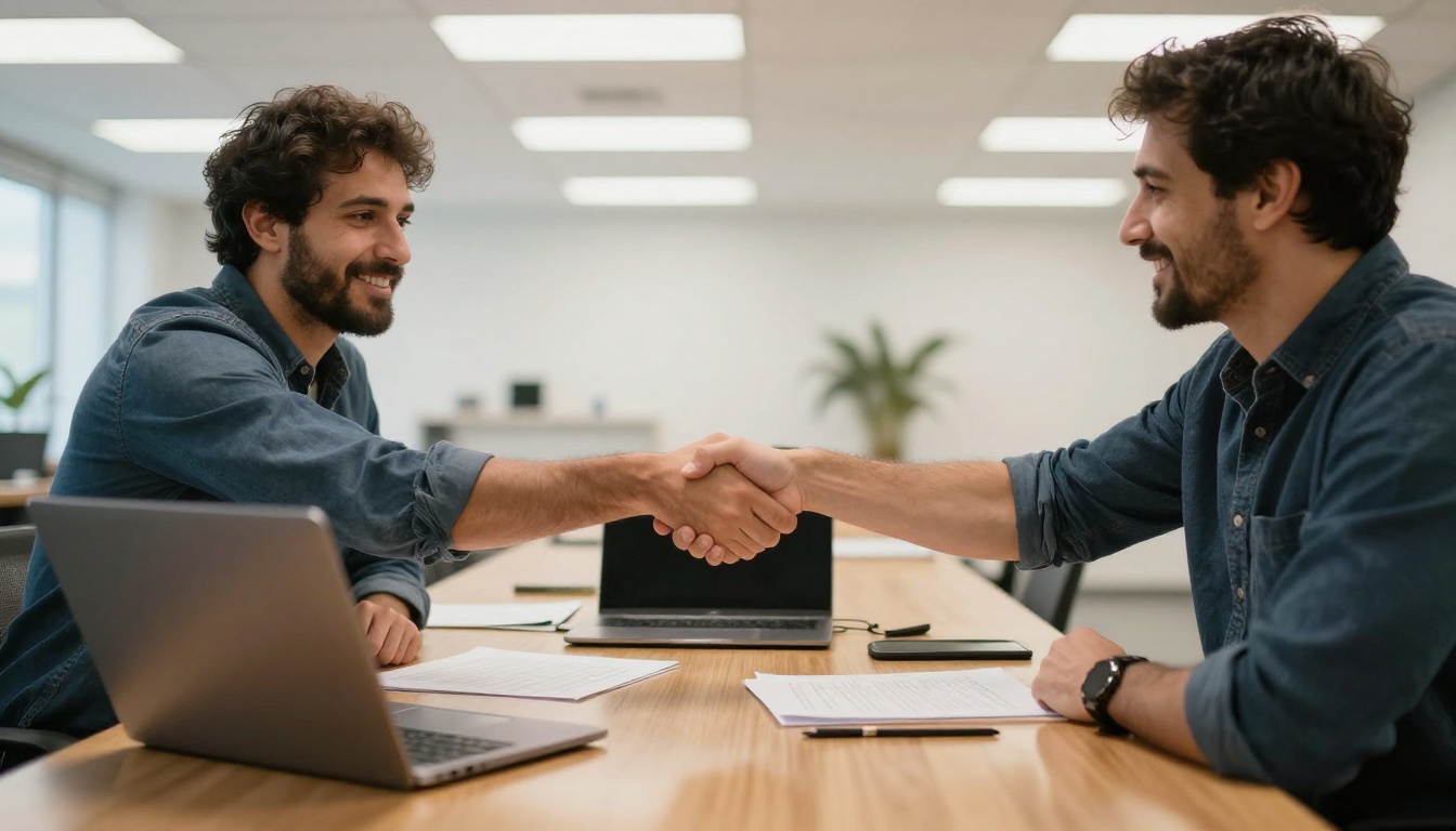 Two colleagues shaking hands over signed paperwork and a laptop