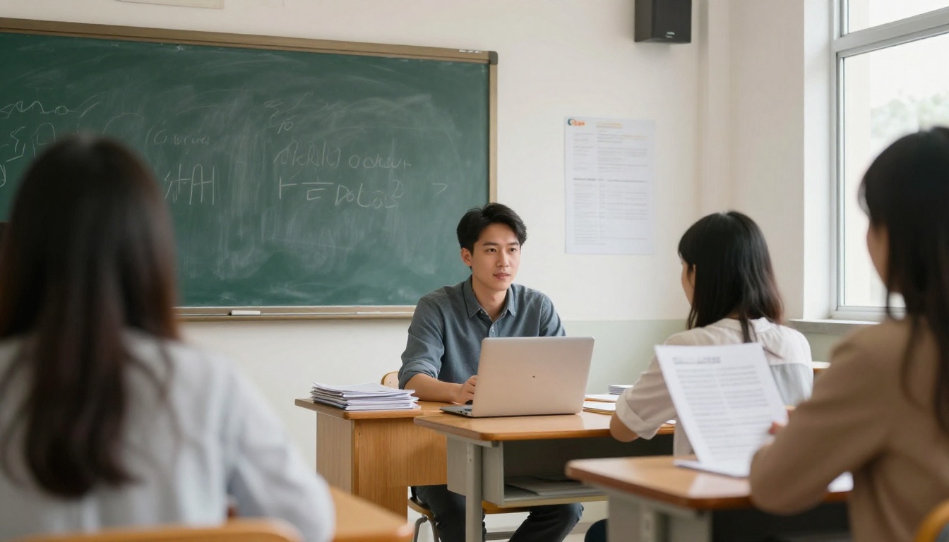 University teacher at a classroom desk with a laptop and handouts