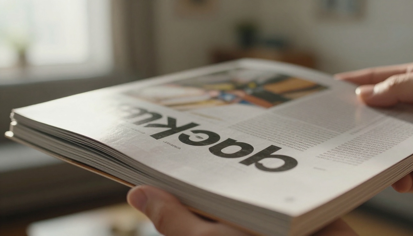 Close-up of a hand holding a glossy printed magazine open