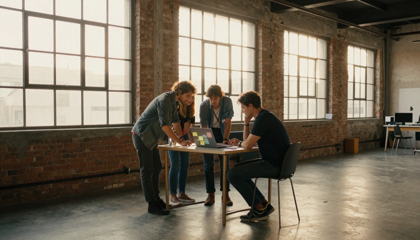 Small team reviewing a laptop and sticky notes in a loft studio