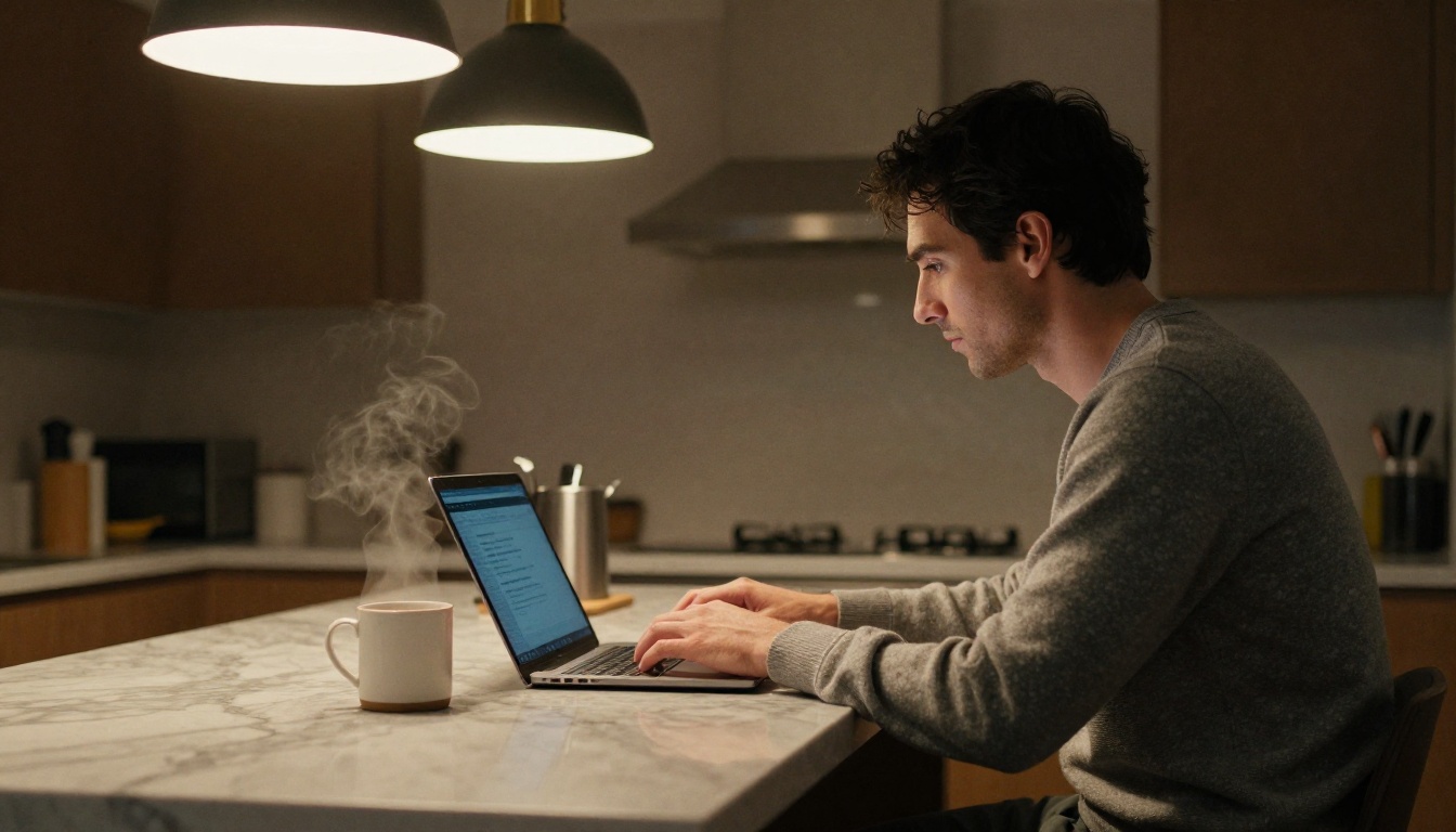 Man in a gray sweater using a laptop at a kitchen island at dusk