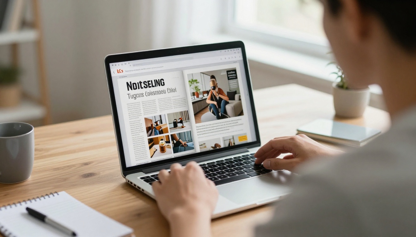 A man scrolling a digital magazine on a laptop in a bright home office