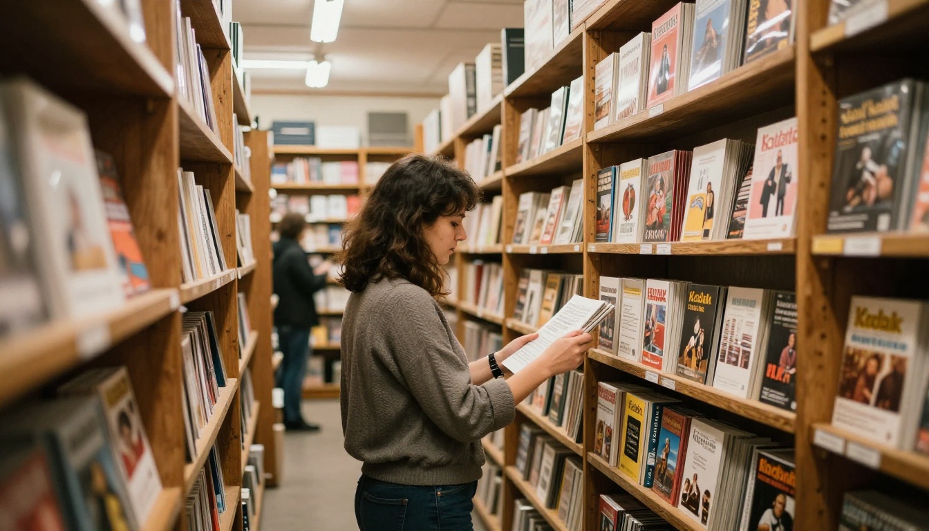 Woman browsing printed catalogs and magazines on a bookstore shelf