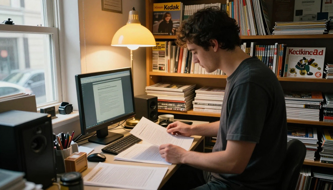 A publisher reviewing magazine proofs beside shelves of printed issues