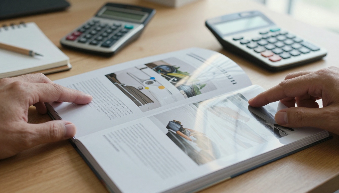 Hand holding a thick glossy catalog beside a calculator