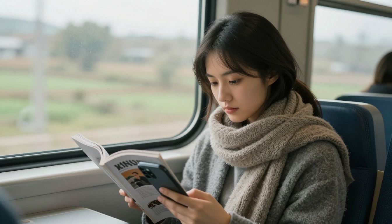 A woman on a train reading a magazine on her smartphone