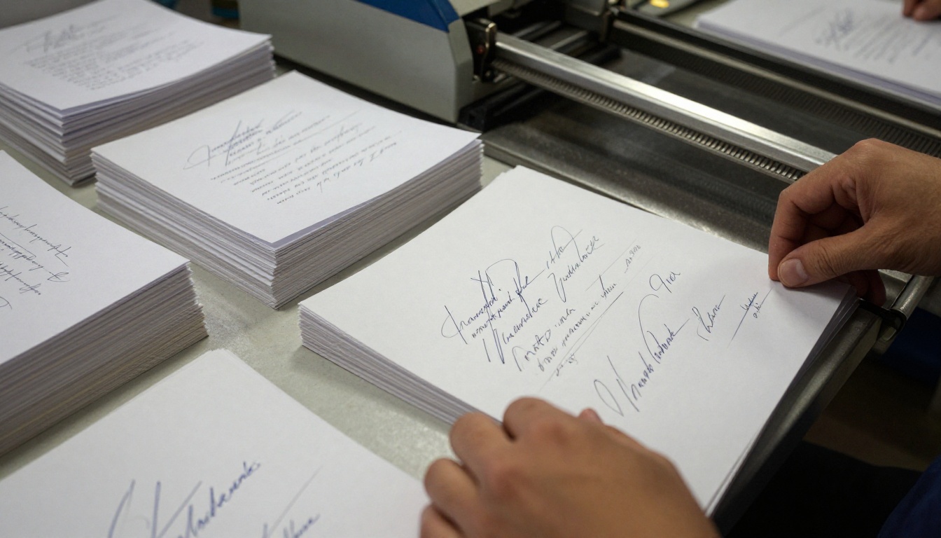 Tall stacks of printed catalog signatures at a trimming table