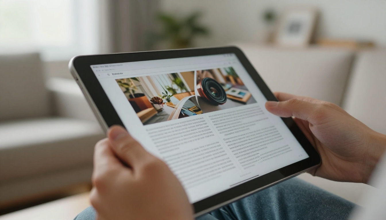 Hands holding a tablet showing a page-turning digital magazine